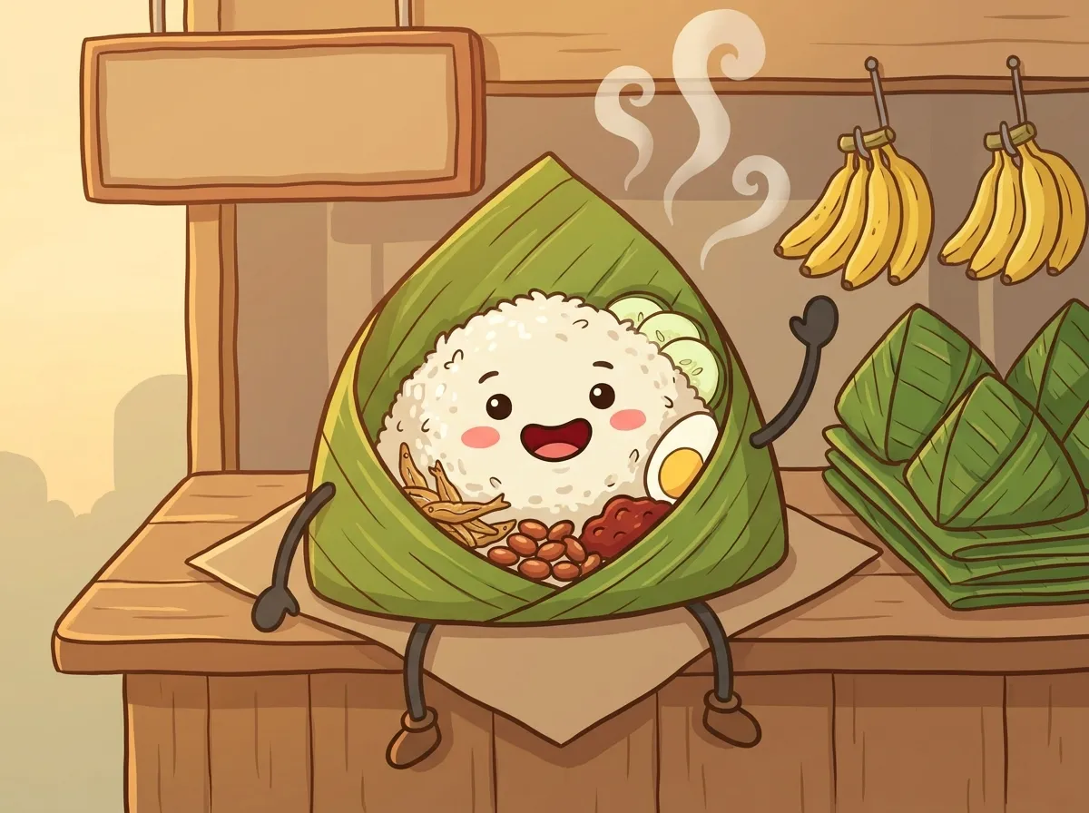 AI Lemak, a banana-leaf packet of nasi lemak, the narrator of What Has Nasi Lemak Got to Do With AI?